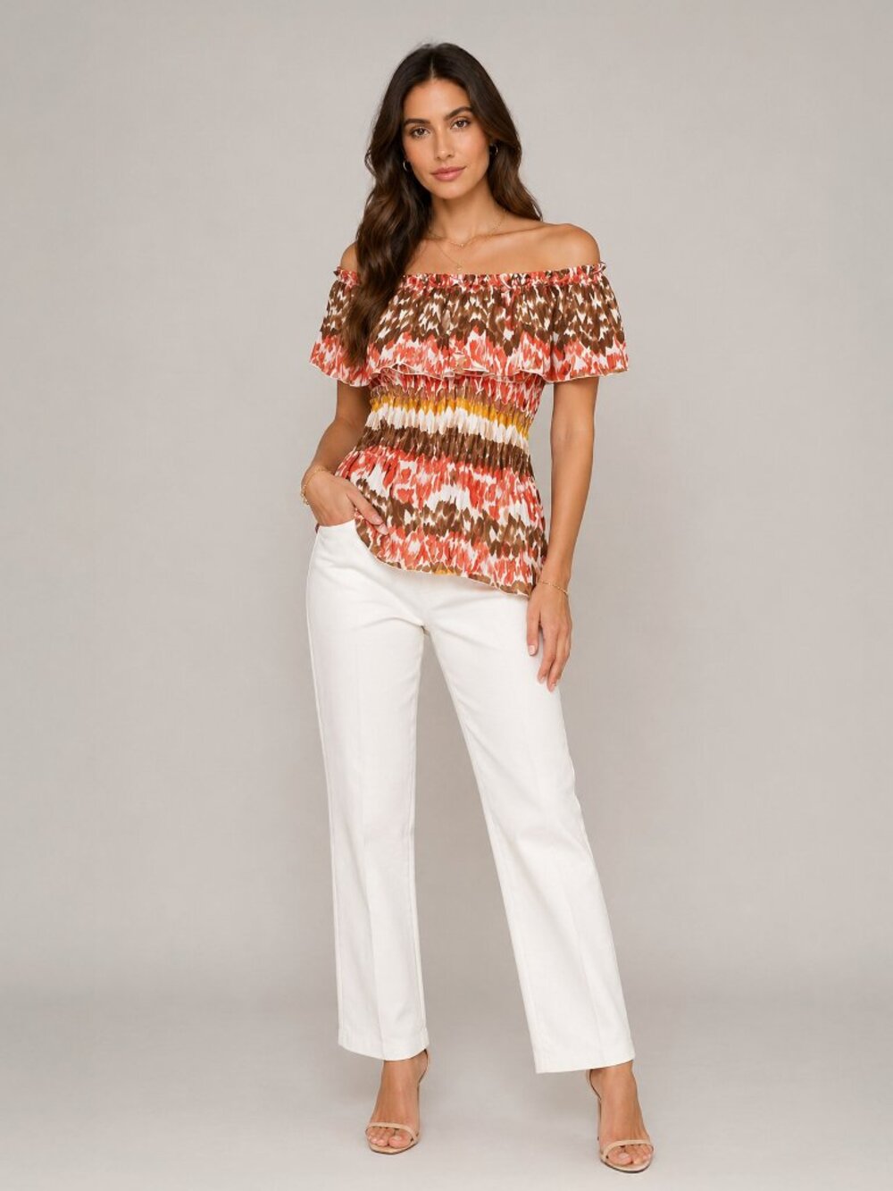 NY Collection M Off Shoulder Smocked Peplum Blouse Resort Boho Vacation Top